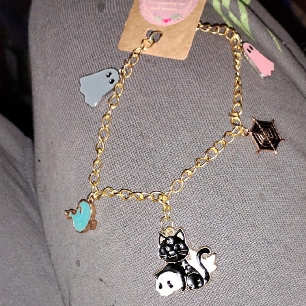 Spooky Cat and Ghost Charm Bracelet